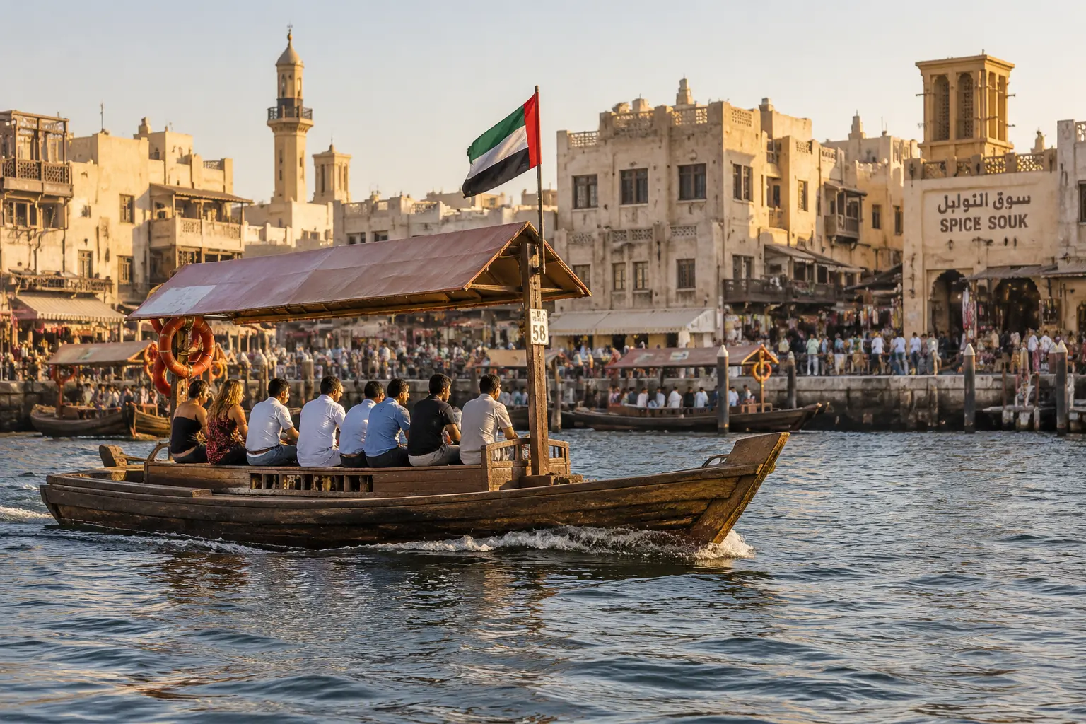 Лодка-абра на Dubai Creek рядом с рынком специй в Дейре: потемневший деревянный корпус, вода залива и старые фасады.