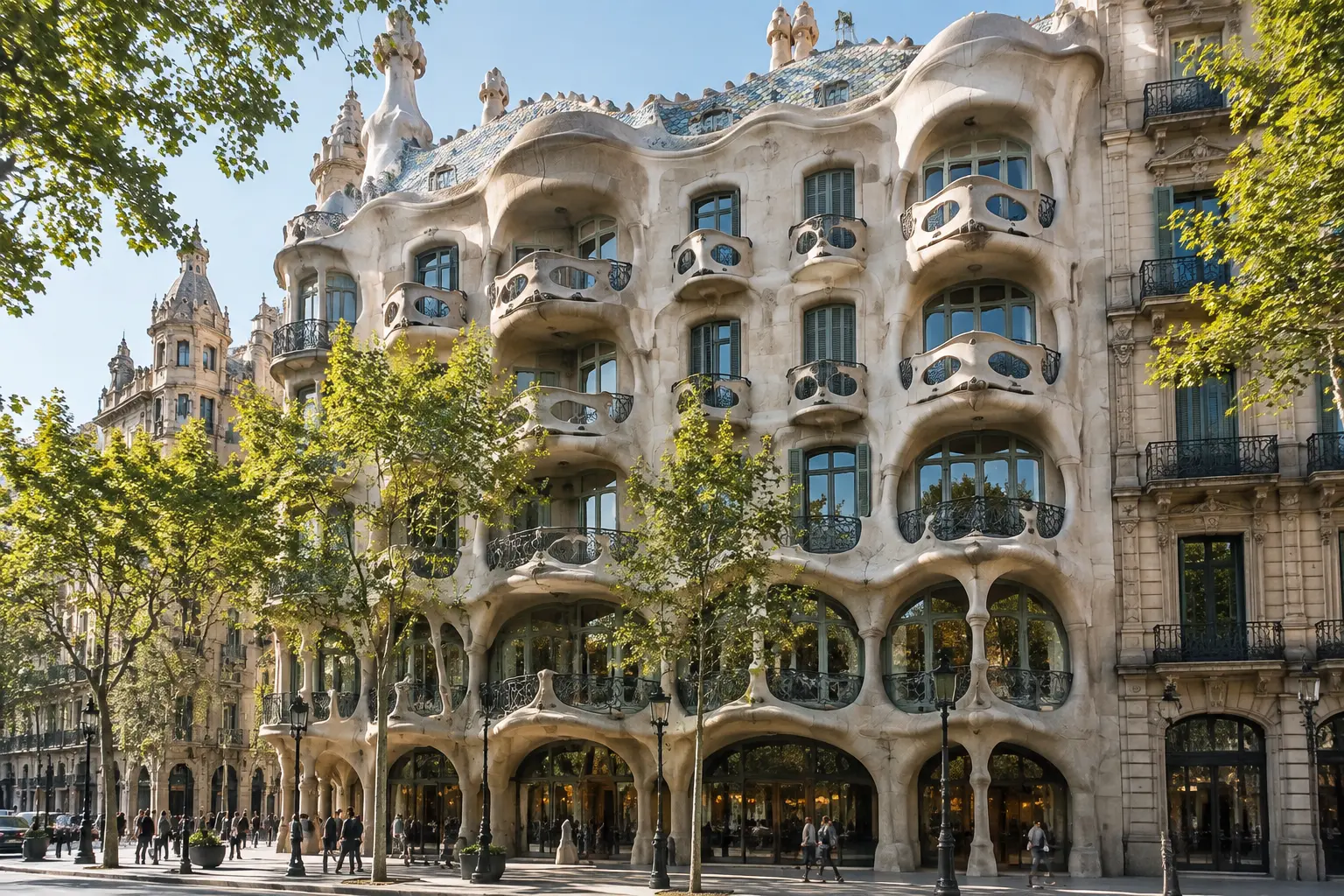 Фасад Дома Бальо на Passeig de Gràcia в Барселоне с балконами в виде масок и волнистой кровлей, снятый с противоположной стороны бульвара