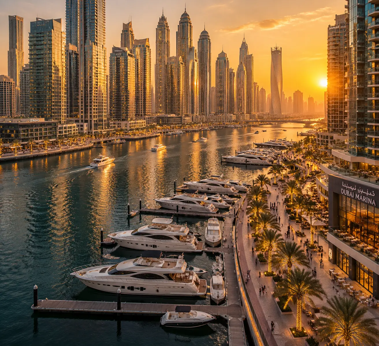 Панорама района Dubai Marina с высоты 52-го этажа башни The Palm: вода залива, яхты у причала и стеклянные небоскрёбы вдоль набережной.