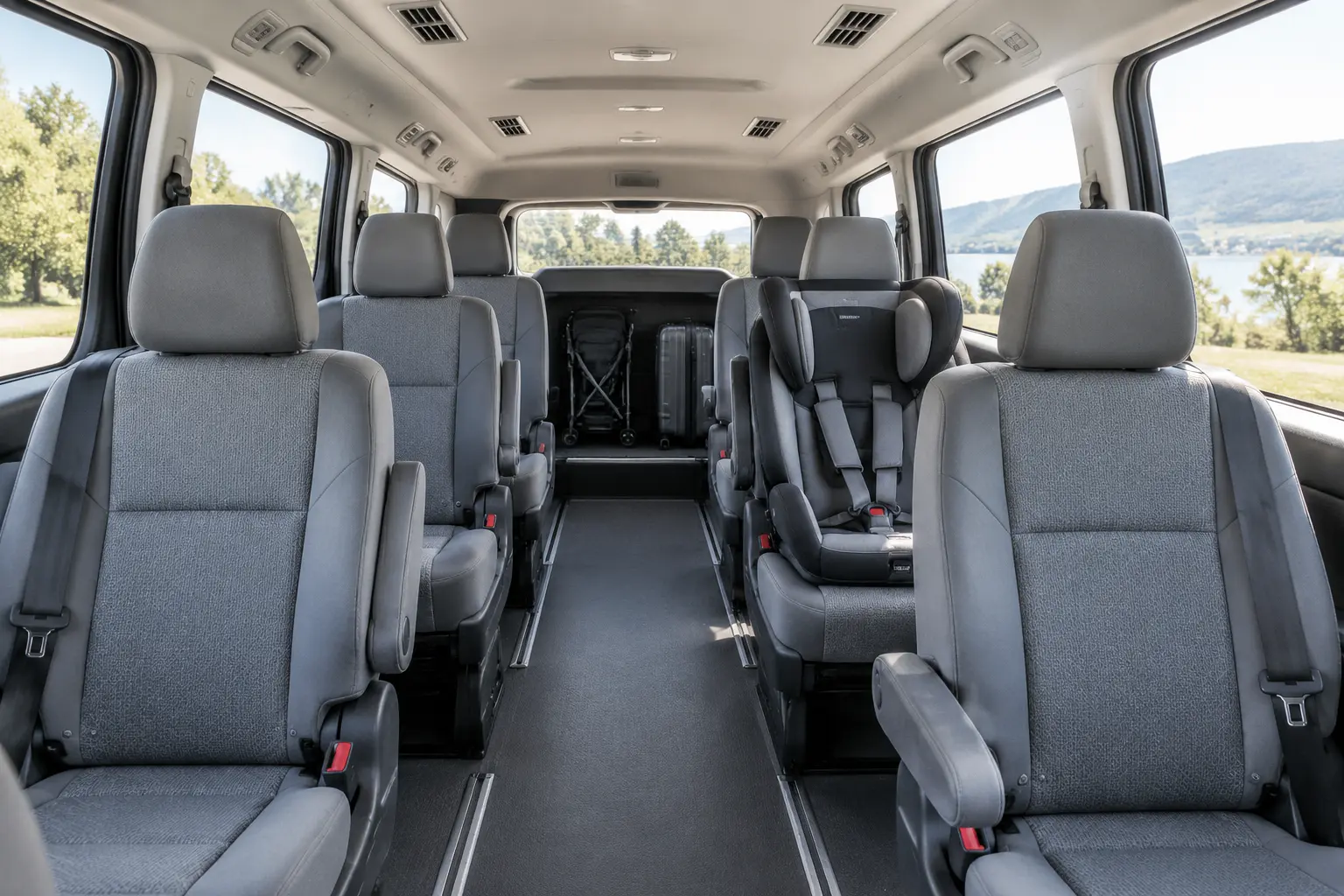 Салон микроавтобуса Ford Transit с кондиционером и детским креслом, подготовленный к групповому шаттлу из аэропорта Анталии в сторону Кемера