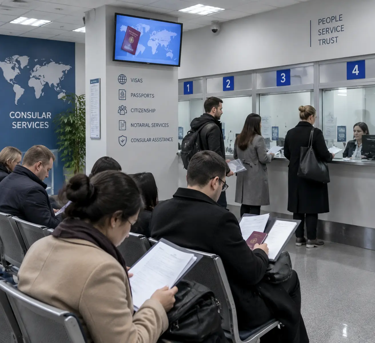 Посетители с папками документов ожидают приёма в консульском отделе посольства, на стене висит таблон с номерами окон.