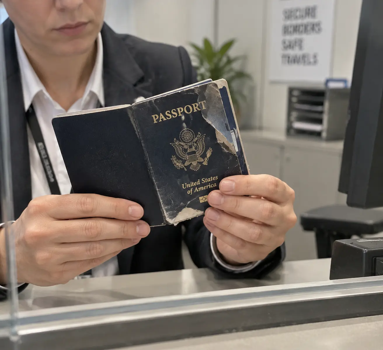 Сотрудник паспортного стола осматривает повреждённый загранпаспорт с расслоившимся ламинатом в окне приёма документов