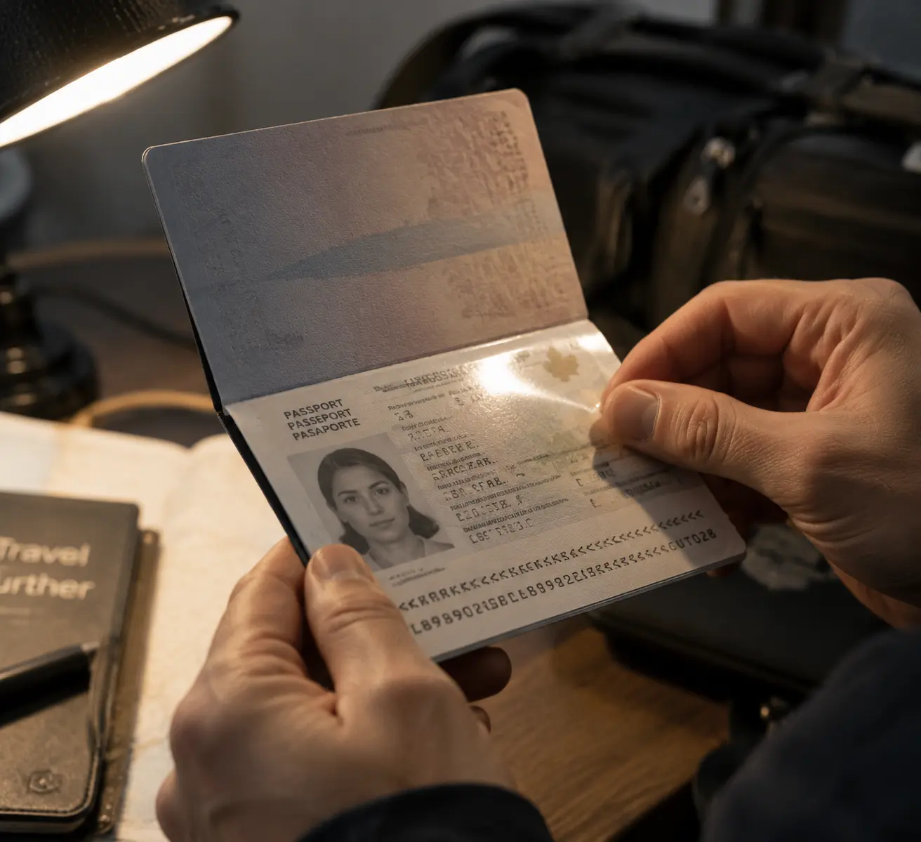 Мужчина при боковом свете проверяет ламинат и страницу с фотографией российского загранпаспорта перед поездкой в аэропорту