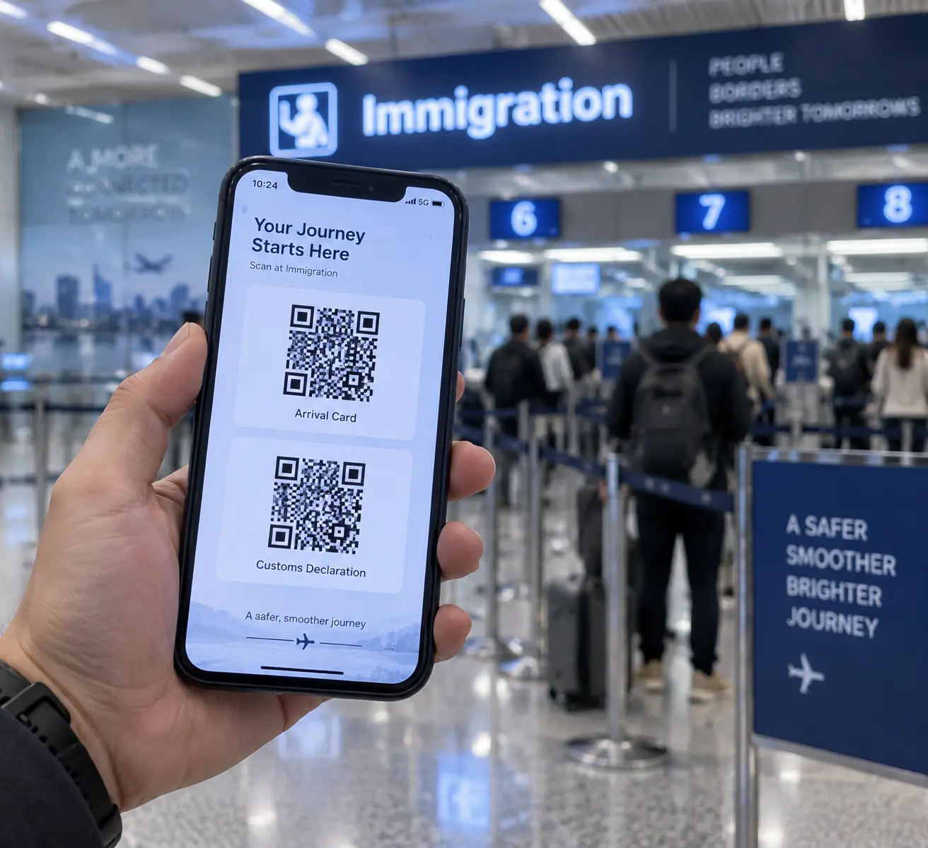 Телефон в руке показывает два QR-кода Visit Japan Web на фоне стойки иммиграционного контроля в аэропорту Нарита во время посадки в самолёт.