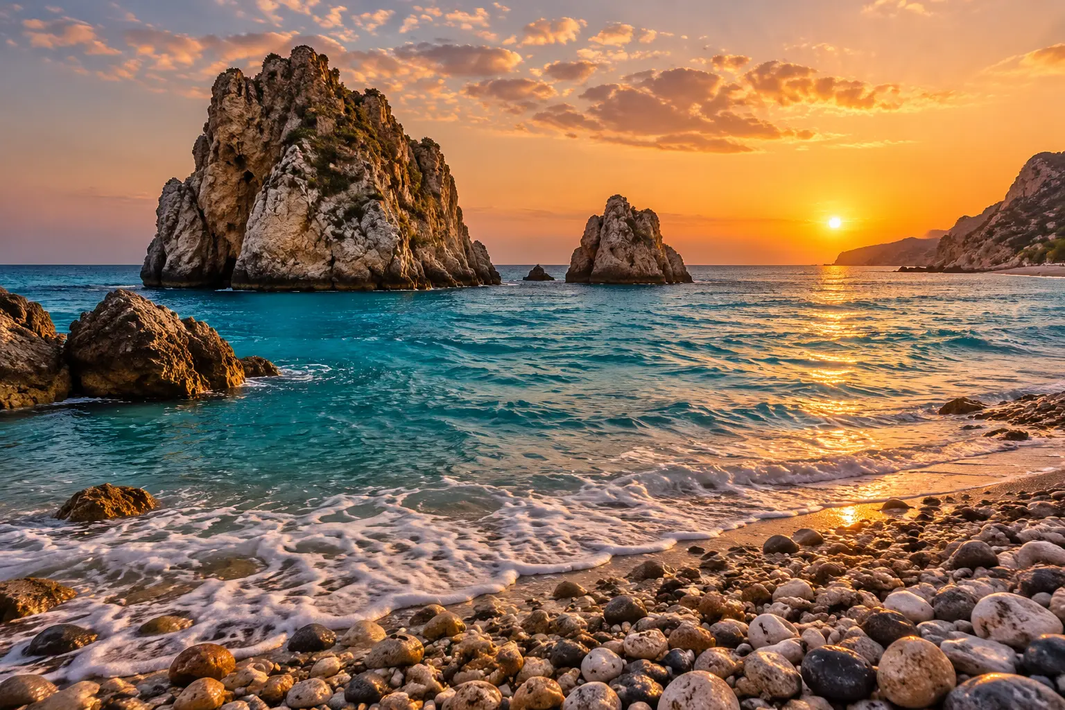 Скала Афродиты (Petra tou Romiou) на закате у берега Пафоса - одна из первых точек маршрута по достопримечательностям Кипра.