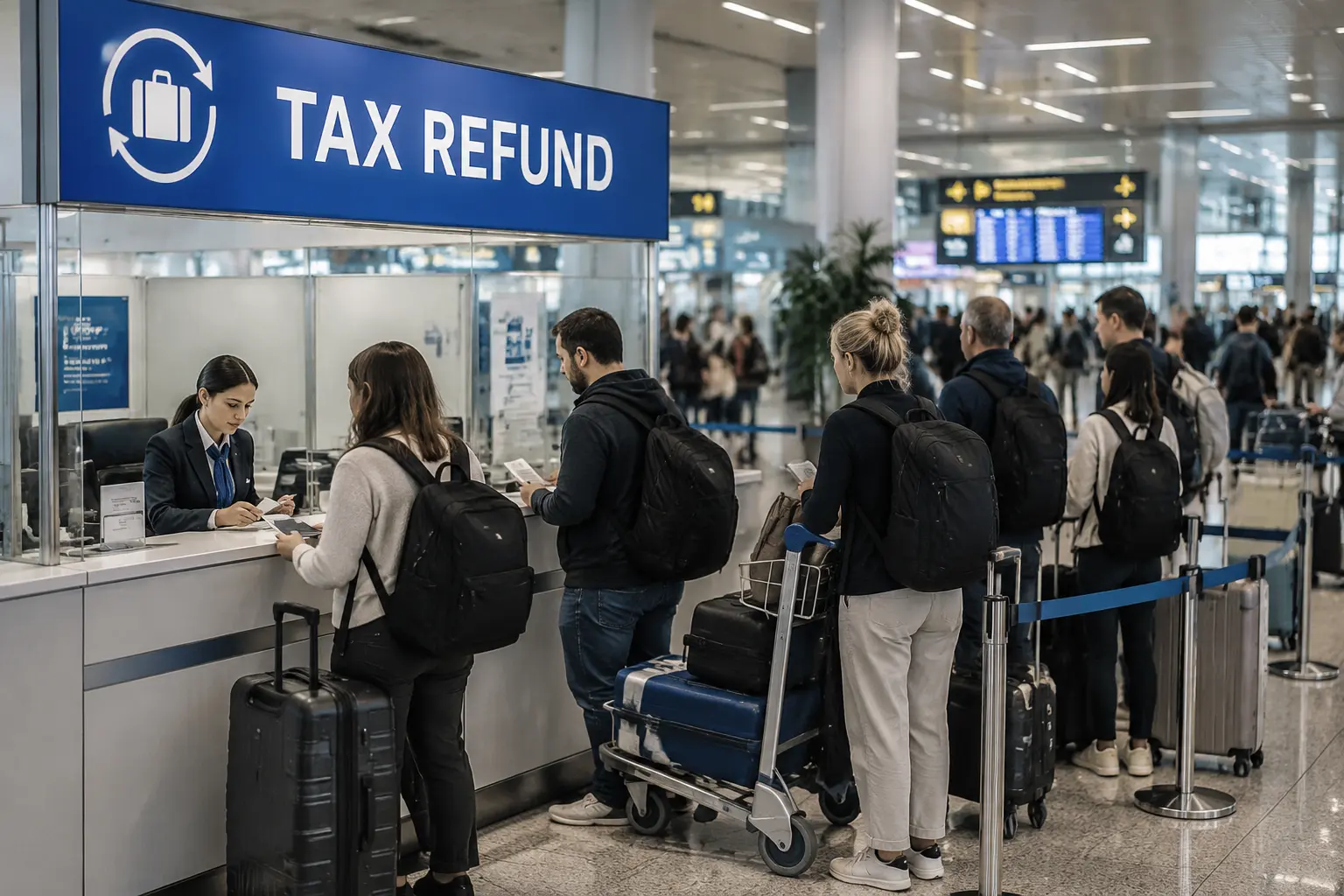 Стойка возврата tax free в терминале аэропорта Фьюмичино, где туристы получают отметку таможни перед вылетом из Европейского союза.