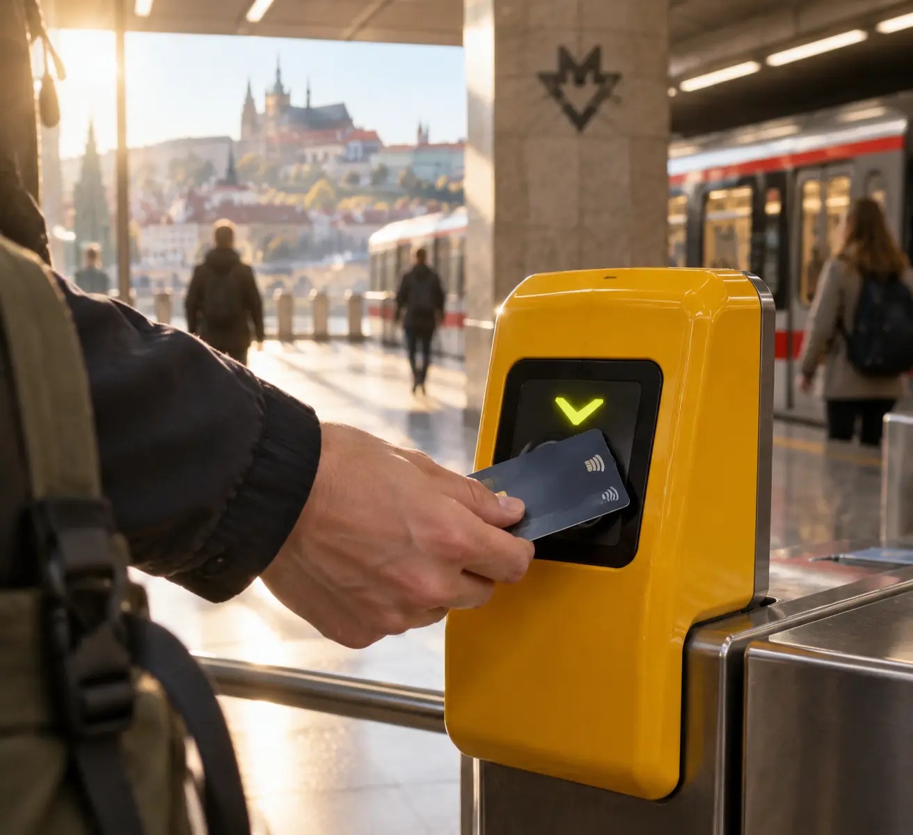 Турникеты пражского метро, где пассажир с рюкзаком прикладывает банковскую карту к жёлтому валидатору вместо бумажного билета